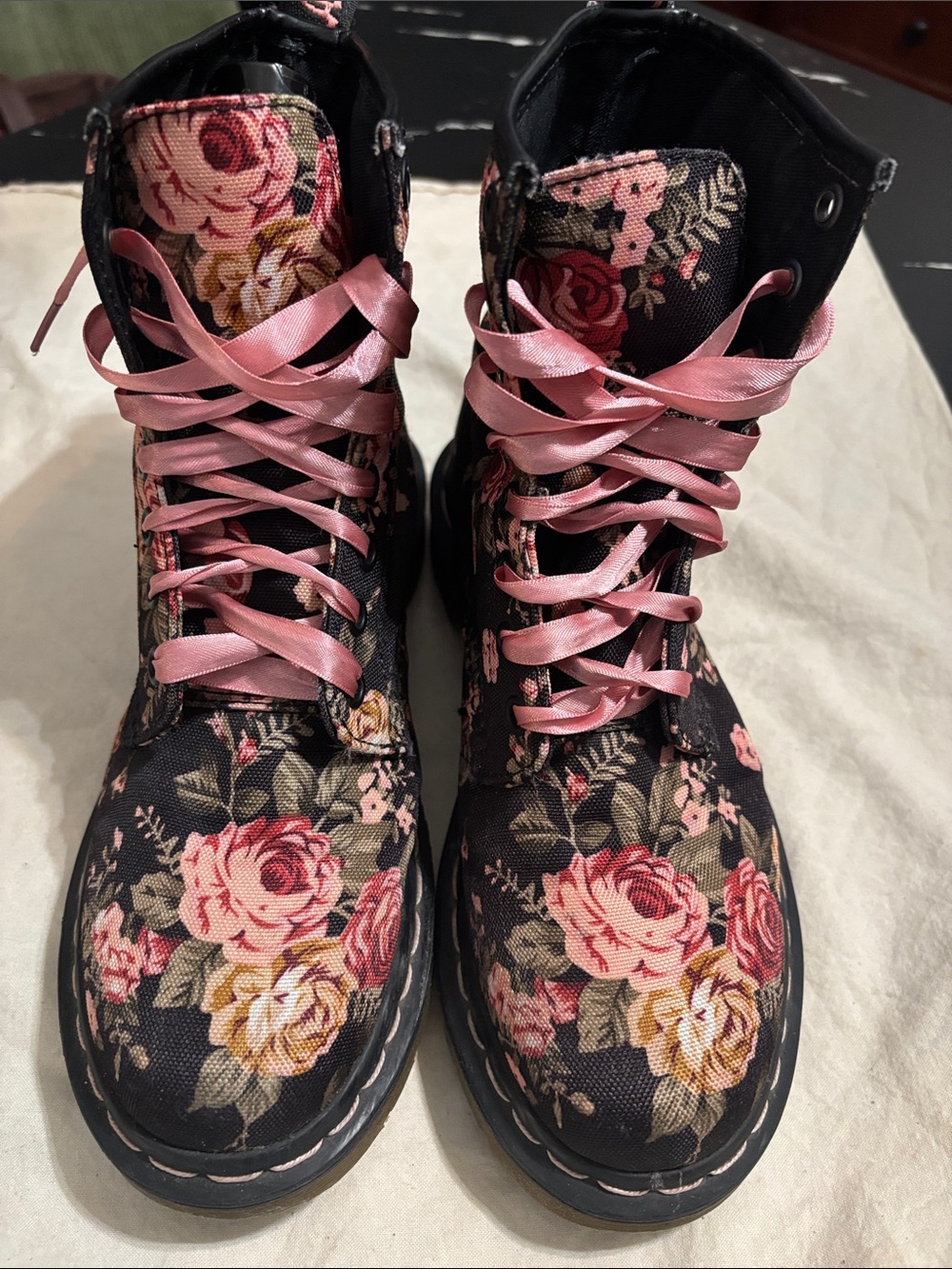 Dr. Martens Black Floral Lace-Up Boots with Pink Ribbon Laces